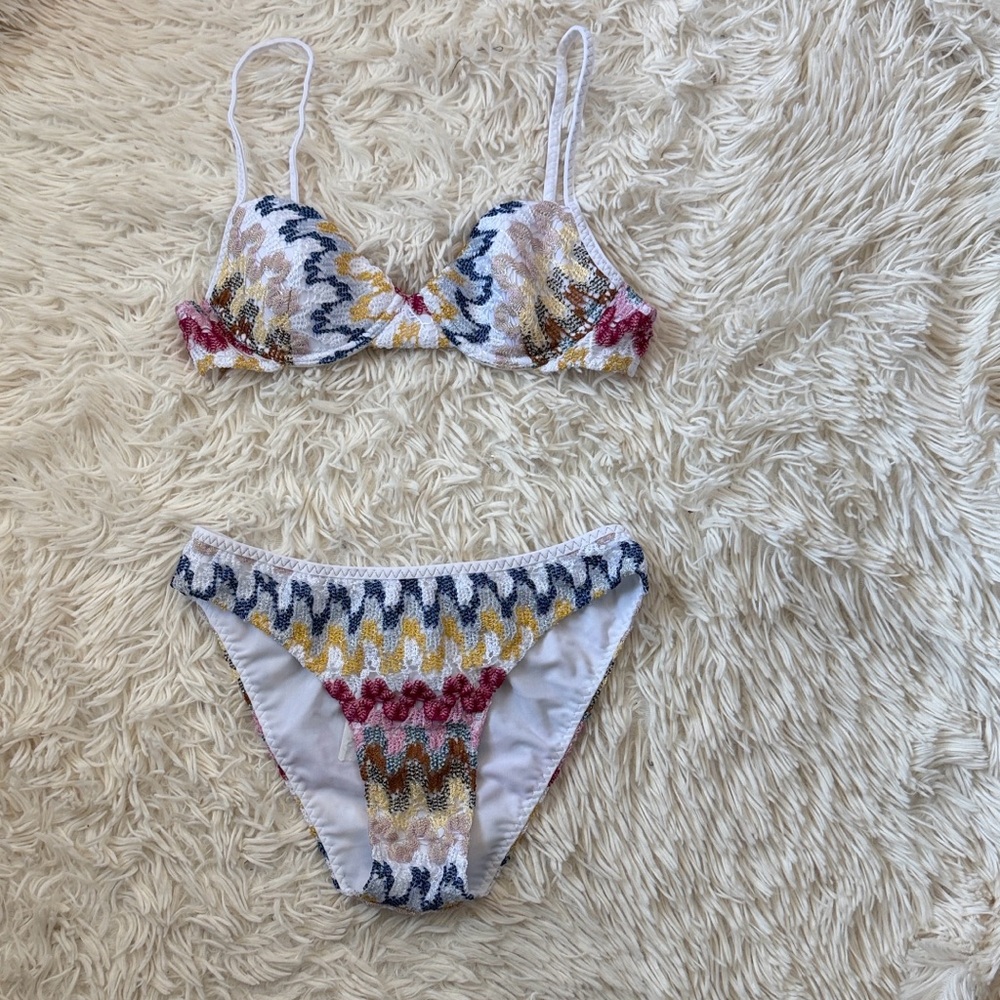 Missoni Multicolor Zigzag Crochet Bikini Top & Bottom - White, Blue, Yellow, Red